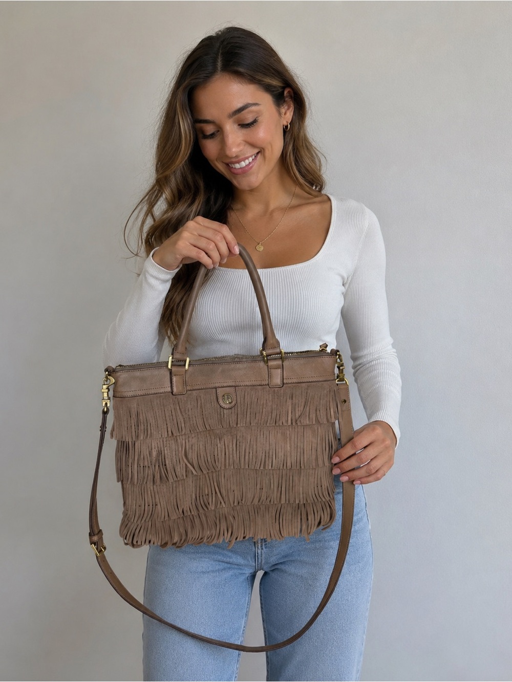 Tory Burch Fringe Leather Tote Crossbody Bag Taupe Brown Boho Shoulder Purse